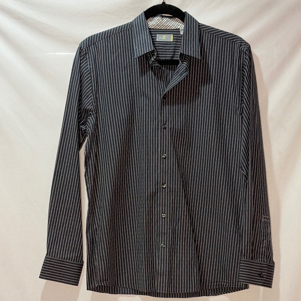 C2 by Calibrate Mens Black White Pinstripe Long Sleeve Button Down Shirt Large